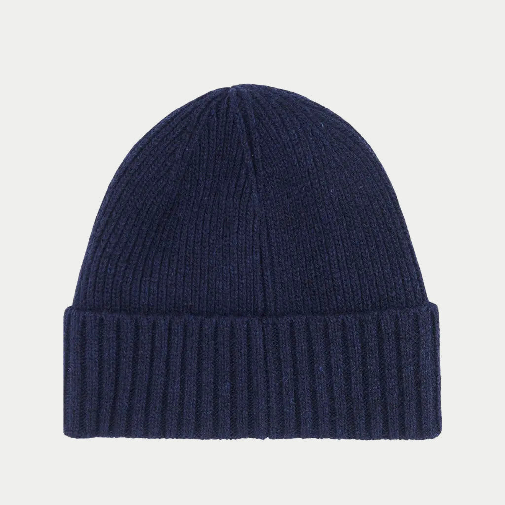 Bonnet Carlton marine Barbour de face, côtes verticales serrées et large revers replié