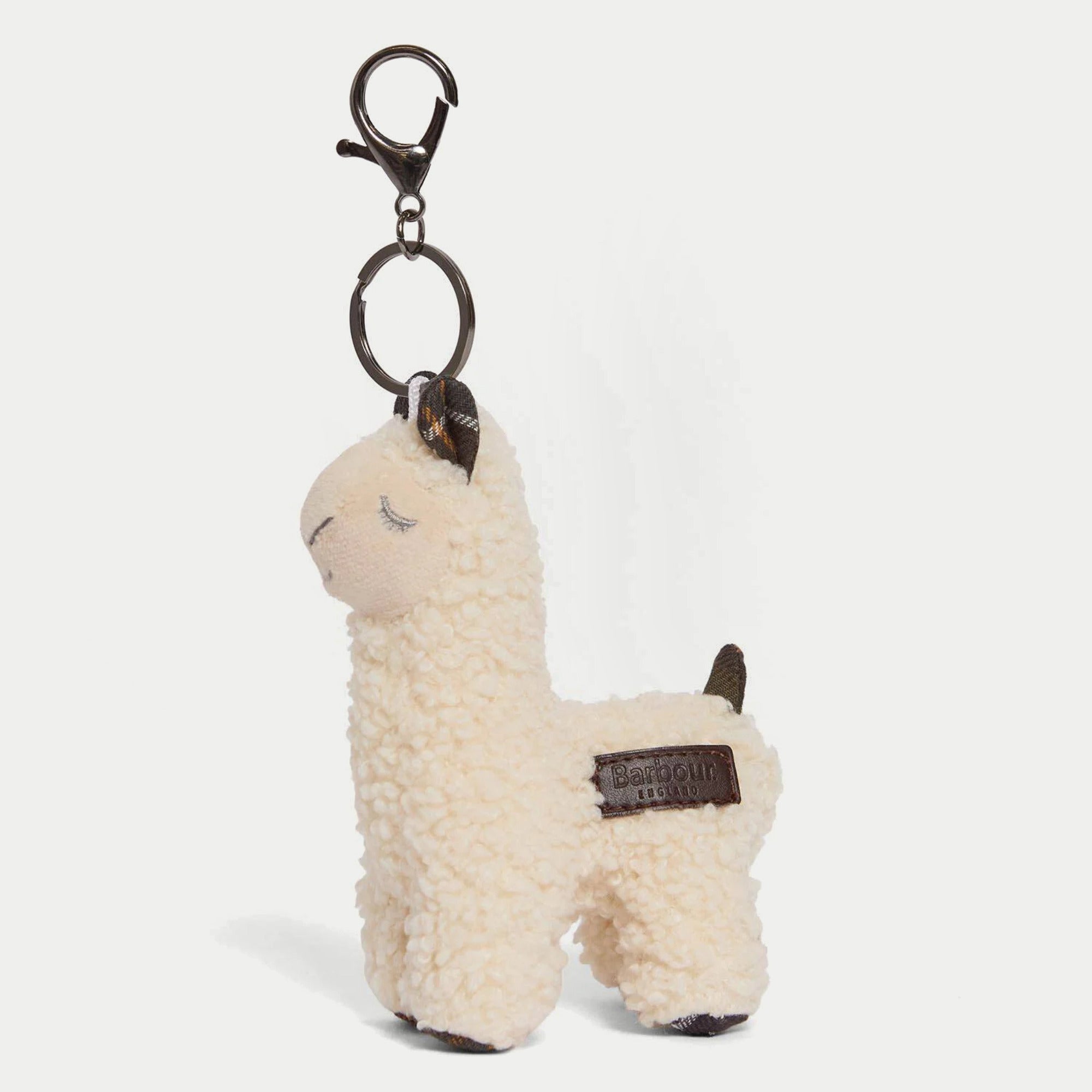 Porte-clés Lama Barbour - de profil, bouclette écrue, oreilles en tartan et anneau métal