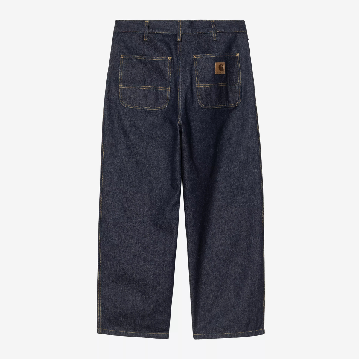 Dos à plat du Jace Pant Blue Rinsed, deux poches arrière plaquées et Square Label Carhartt sur la poche droite