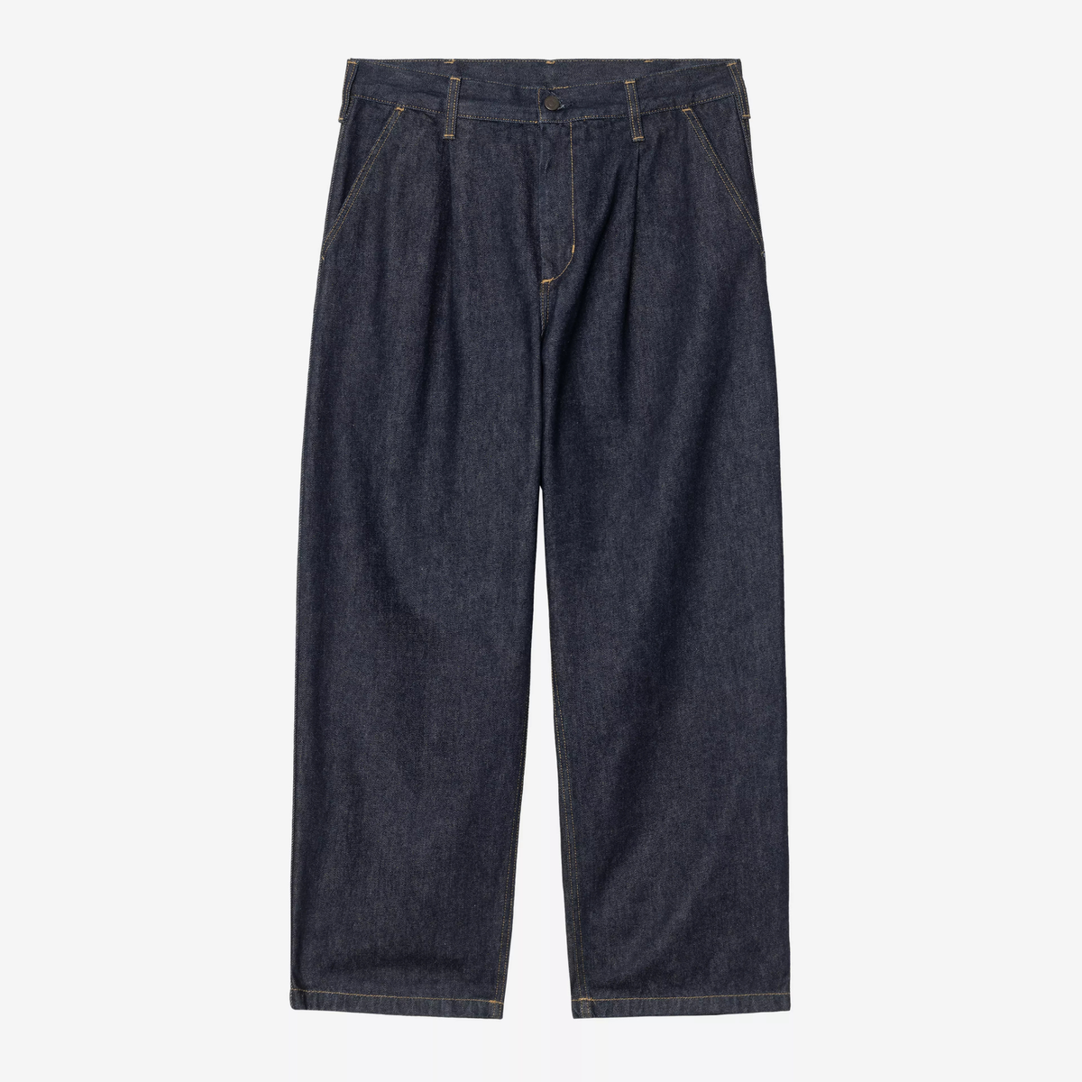 Jace Pant Blue Rinsed Carhartt WIP à plat de face, denim indigo profond, pinces à la taille et surpiqûres dorées