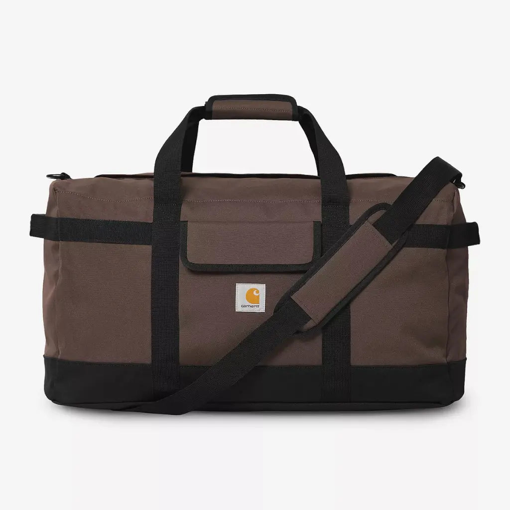 Jack Duffle Bag Palisander : sac de voyage en toile brun taupe, sangles noires, poche à rabat, label carré