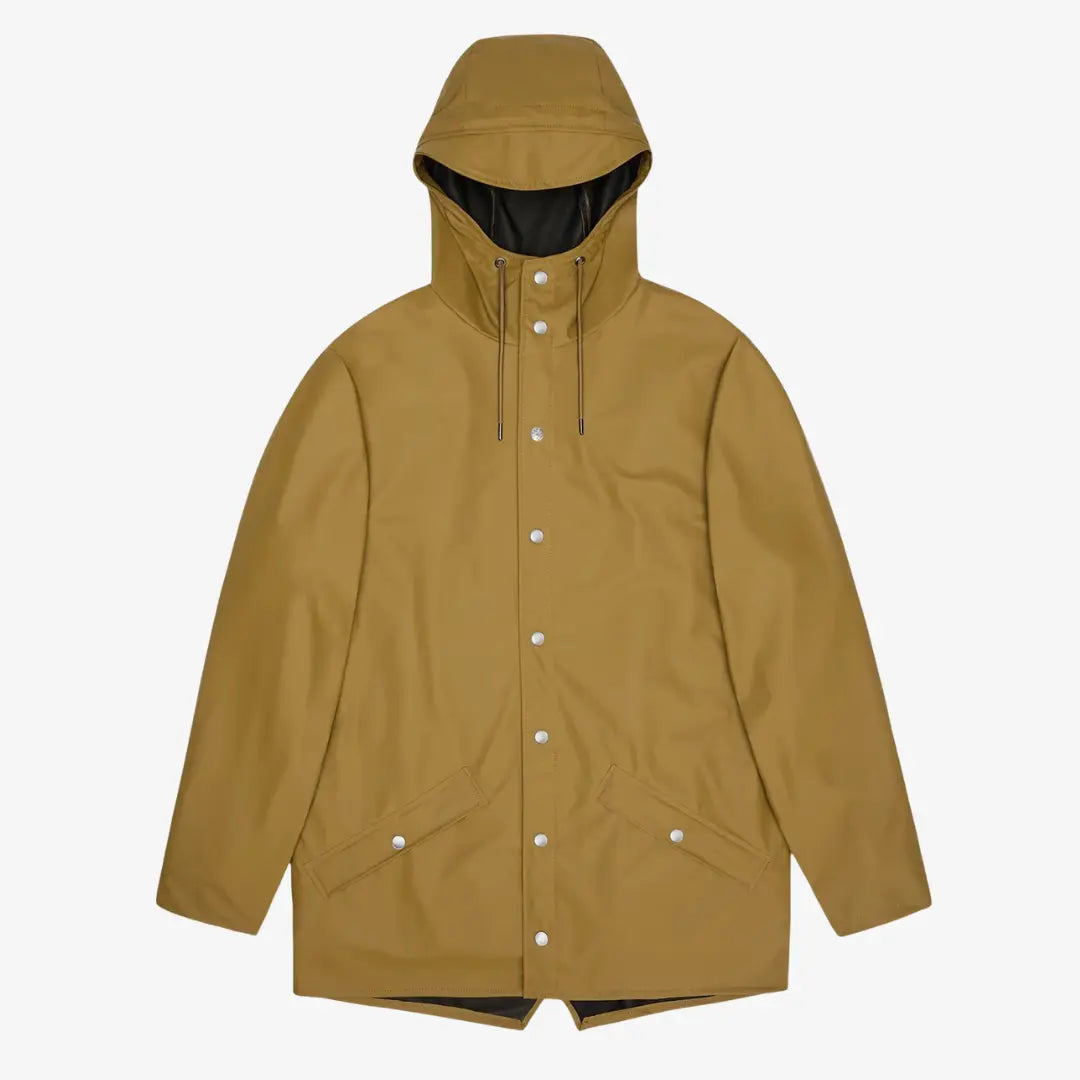 Jacket Dawn ocre moutarde à plat, capuche doublée noire et pressions claires sur la patte