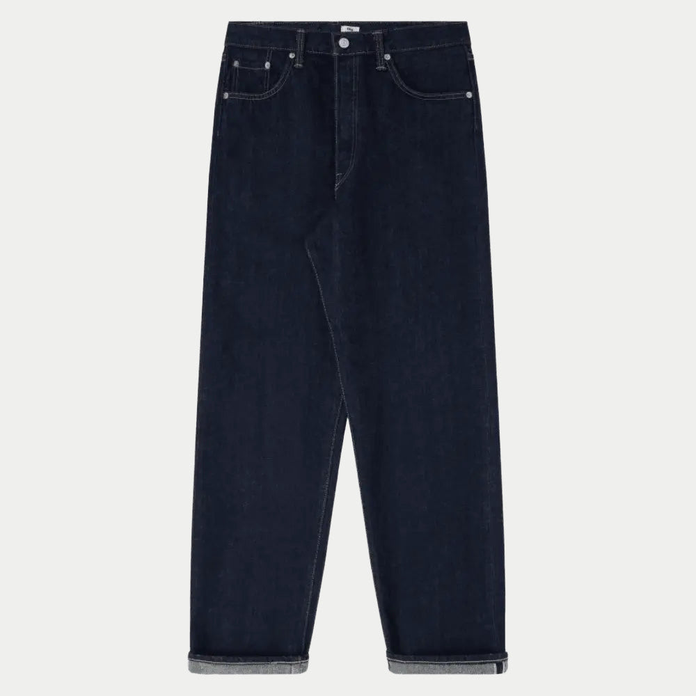 Jean Loose en denim Blue Rinsed indigo foncé à plat, jambe ample et ourlets retroussés