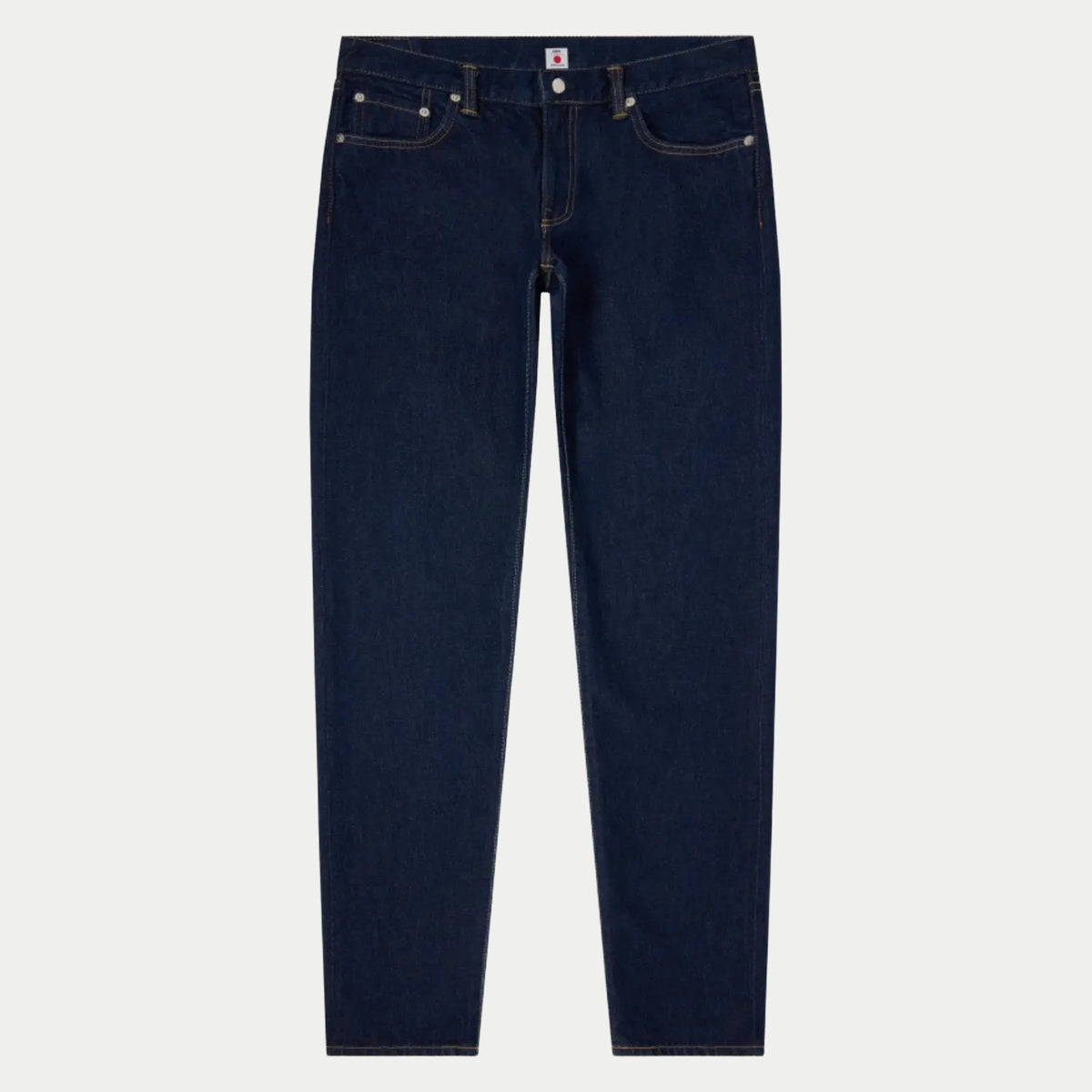 Jean Regular Tapered Blue Rinsed à plat, jambe fuselée, surpiqûres ocre et boutons argentés
