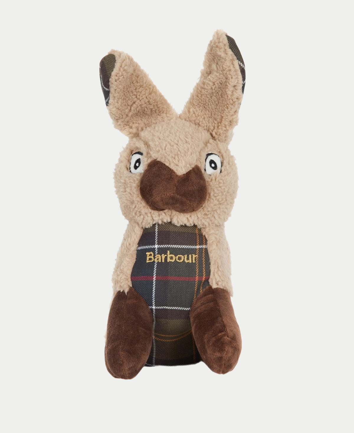 Jouet lapin de face, oreilles doublées de tartan et Barbour brodé doré sur le ventre