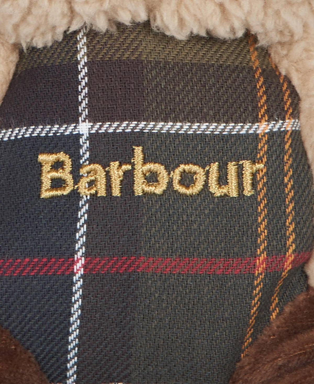 Macro du ventre en tartan olive, gris et rouge du jouet lapin, Barbour brodé doré