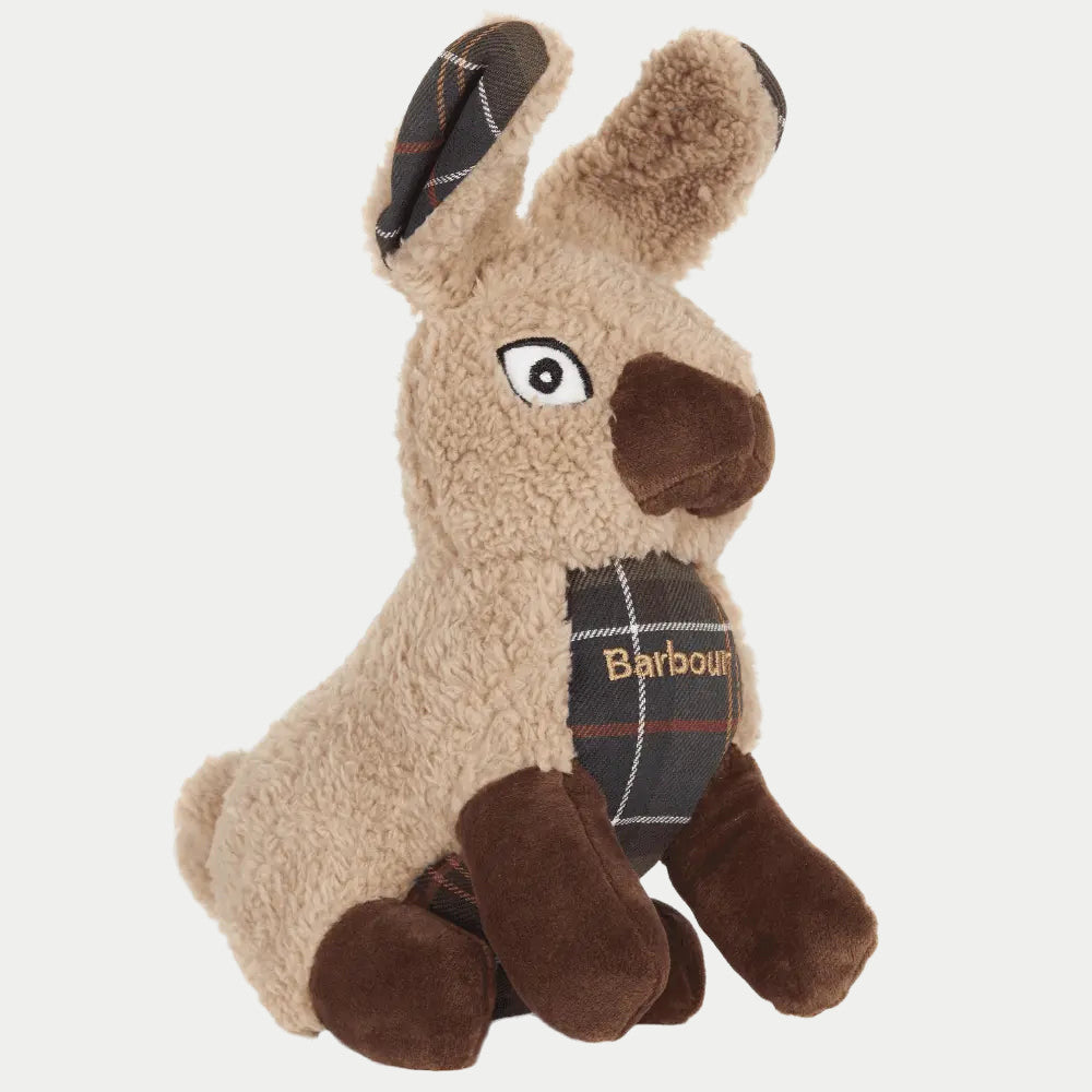 Jouet peluche lapin en sherpa beige de profil, ventre tartan olive et museau velours brun