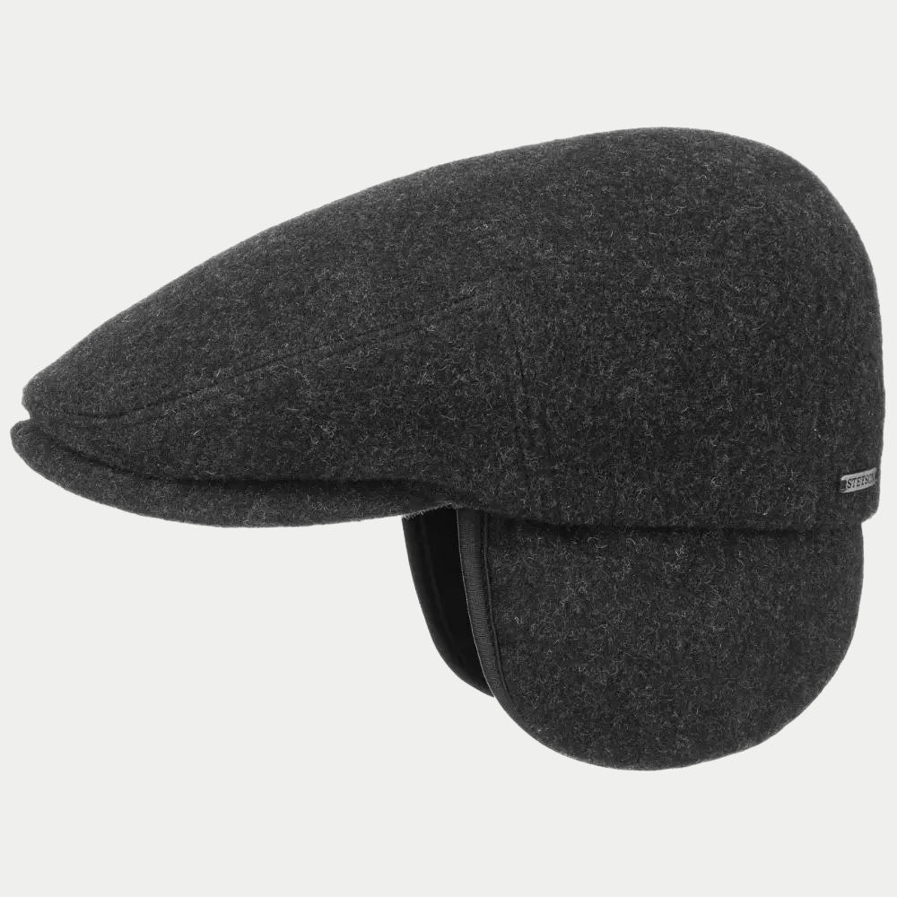 Casquette plate Kent en laine anthracite chinée, oreillettes dépliées sur les côtés
