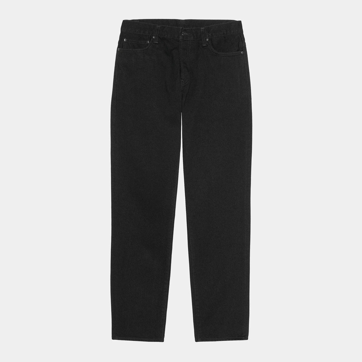 Klondike Pant Black One Wash Carhartt WIP à plat de face, denim noir plein et uniforme, coupe cinq poches