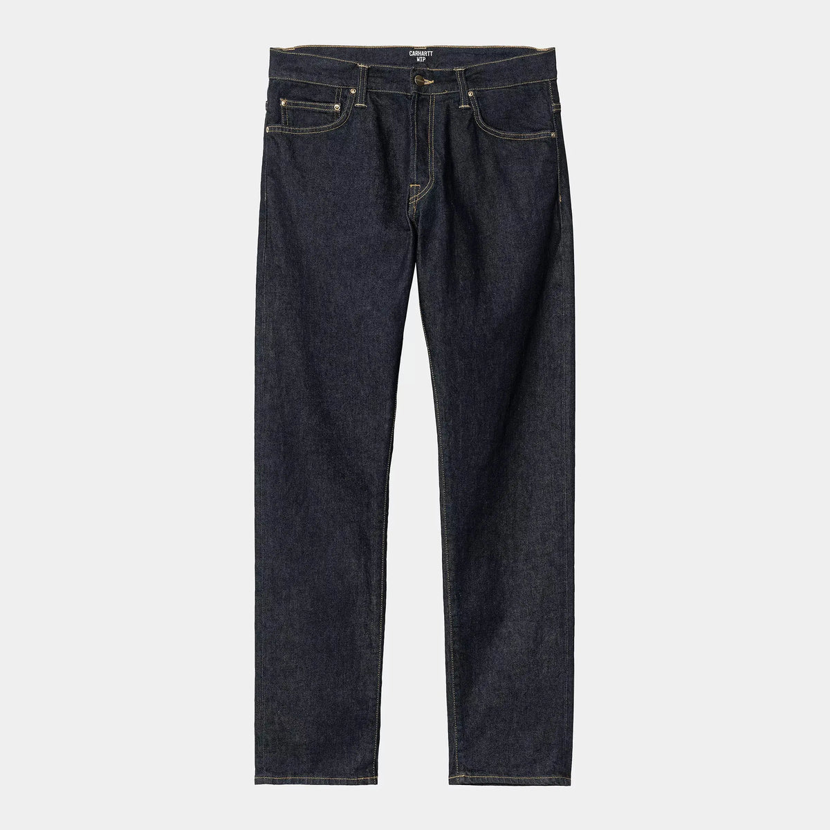 Klondike Pant Blue Rinsed Carhartt WIP à plat de face, indigo brut très dense et surpiqûres jaune moutarde