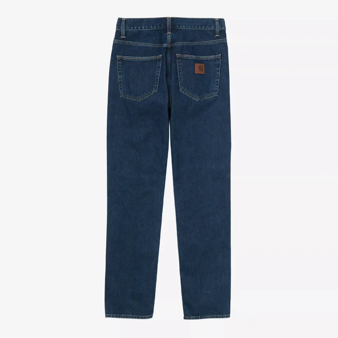 Dos du Klondike Pant Blue Stone Washed, patch cuir Carhartt et bords des poches nettement blanchis par le lavage