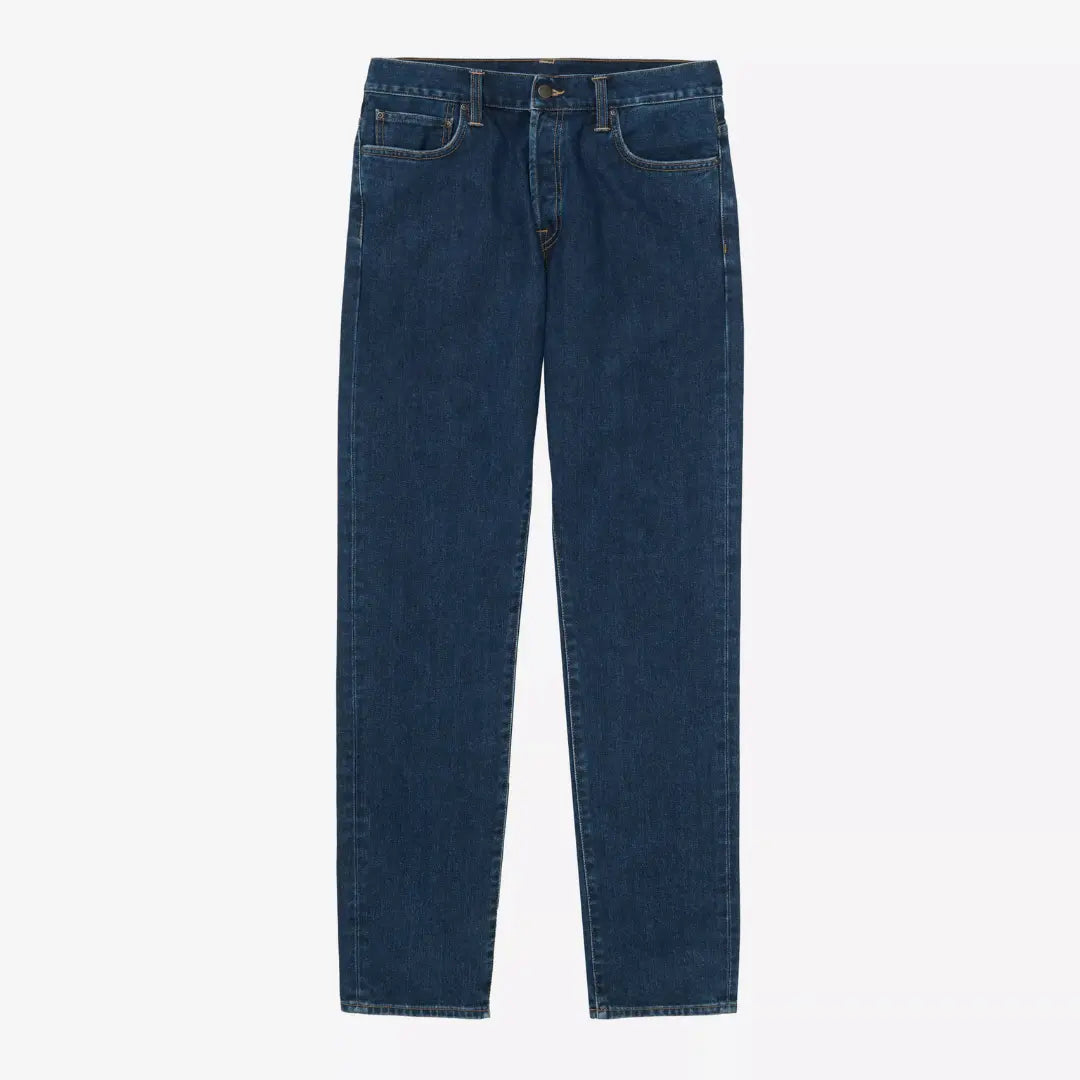 Klondike Pant Blue Stone Washed Carhartt WIP à plat, bleu franc soutenu et arêtes des poches éclaircies