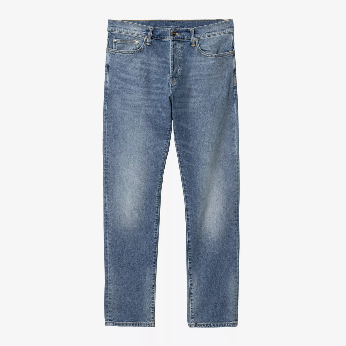 Klondike Pant Blue Worn Bleached à plat de face, bleu clair blanchi et moustaches marquées sur les cuisses
