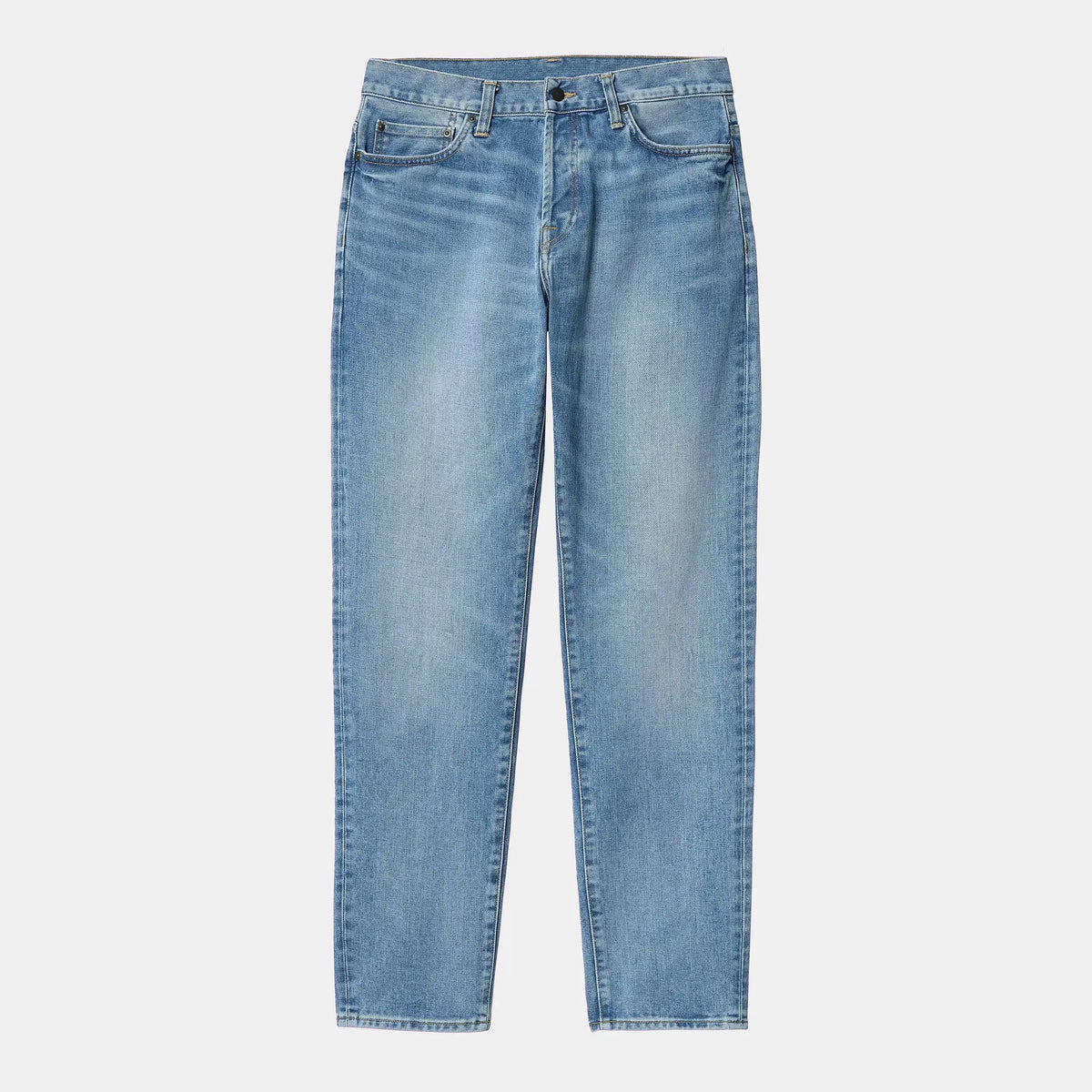 Klondike Pant Light Used à plat de face, bleu très clair et délavé, trame du denim nettement visible