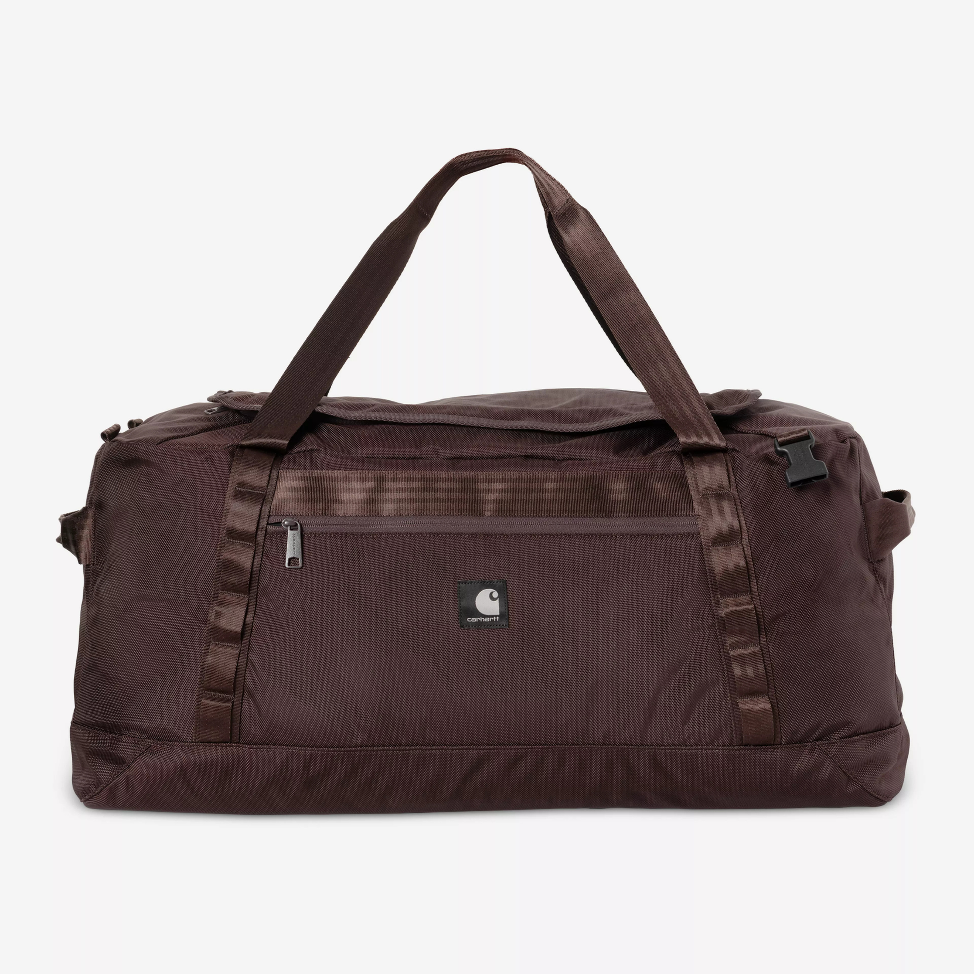 Grand sac de voyage Carhartt WIP Richmond brun bordeaux, vue de face : poche avant zippée et Square Label