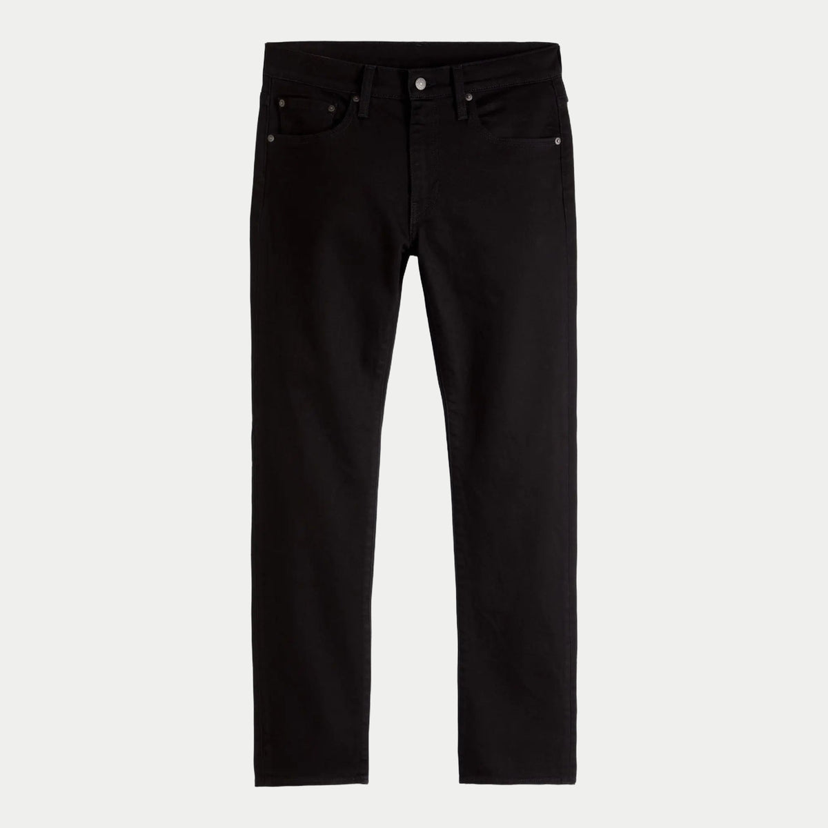 Jean Levi's 502 Taper Sta-Dark Black à plat, vue de face : taille, braguette zippée et cinq poches
