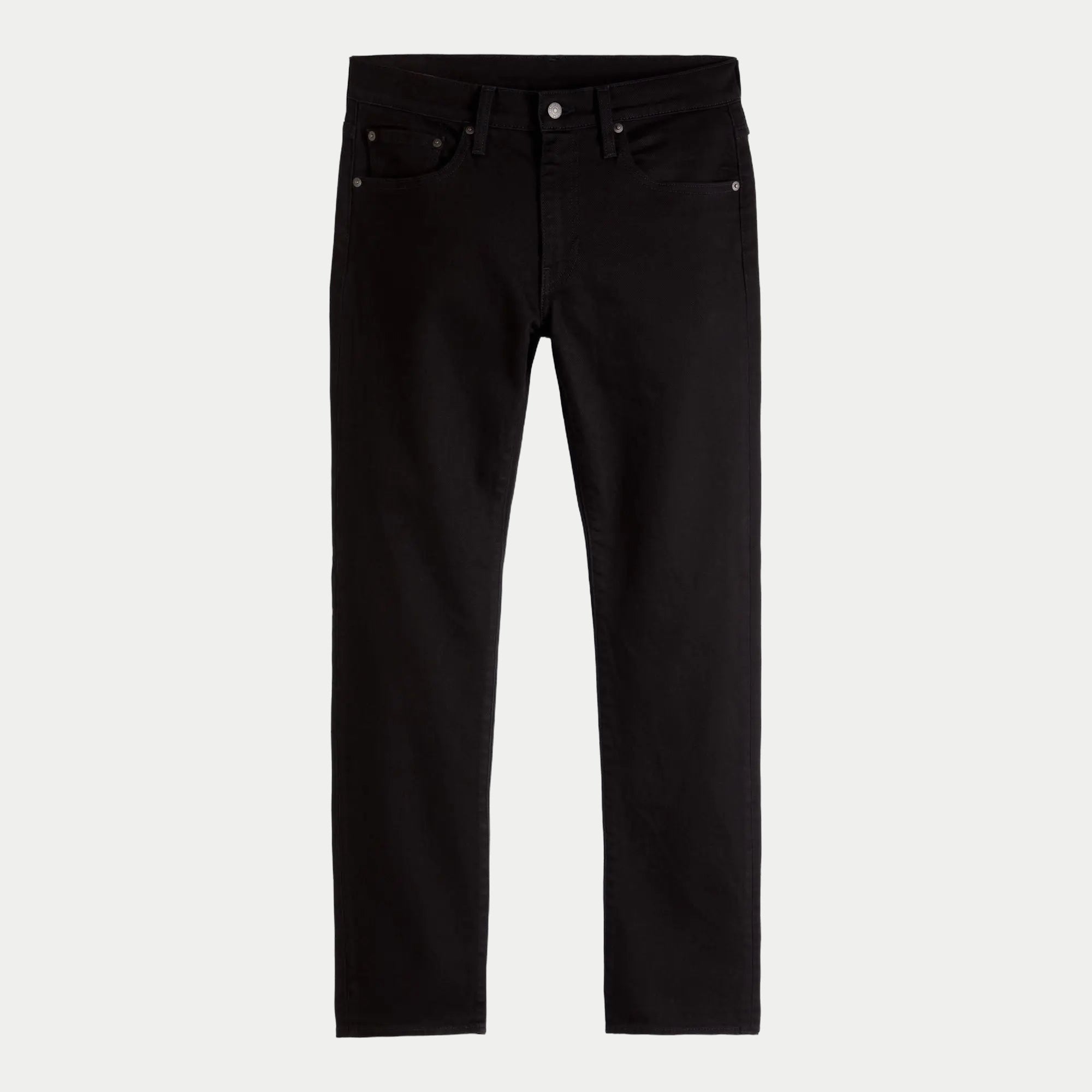 Jean Levi's 502 Taper Sta-Dark Black à plat, vue de face : taille, braguette zippée et cinq poches