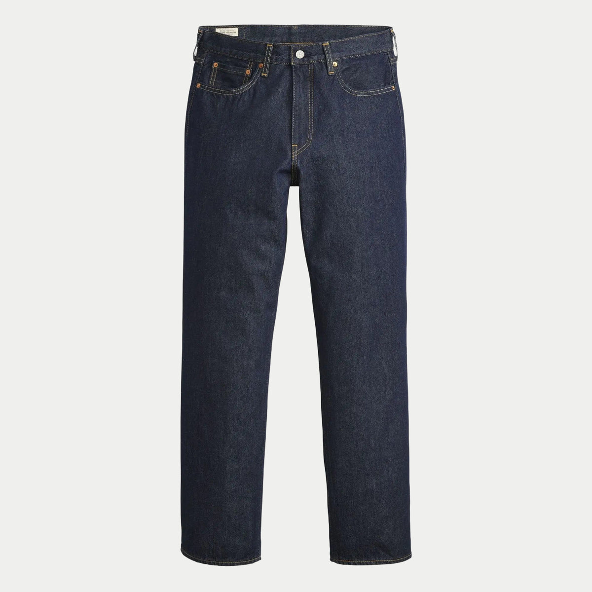Jean Levi's 568 Loose Straight Welcome To The Game à plat de face : denim indigo brut, cinq poches, surpiqûres jaunes