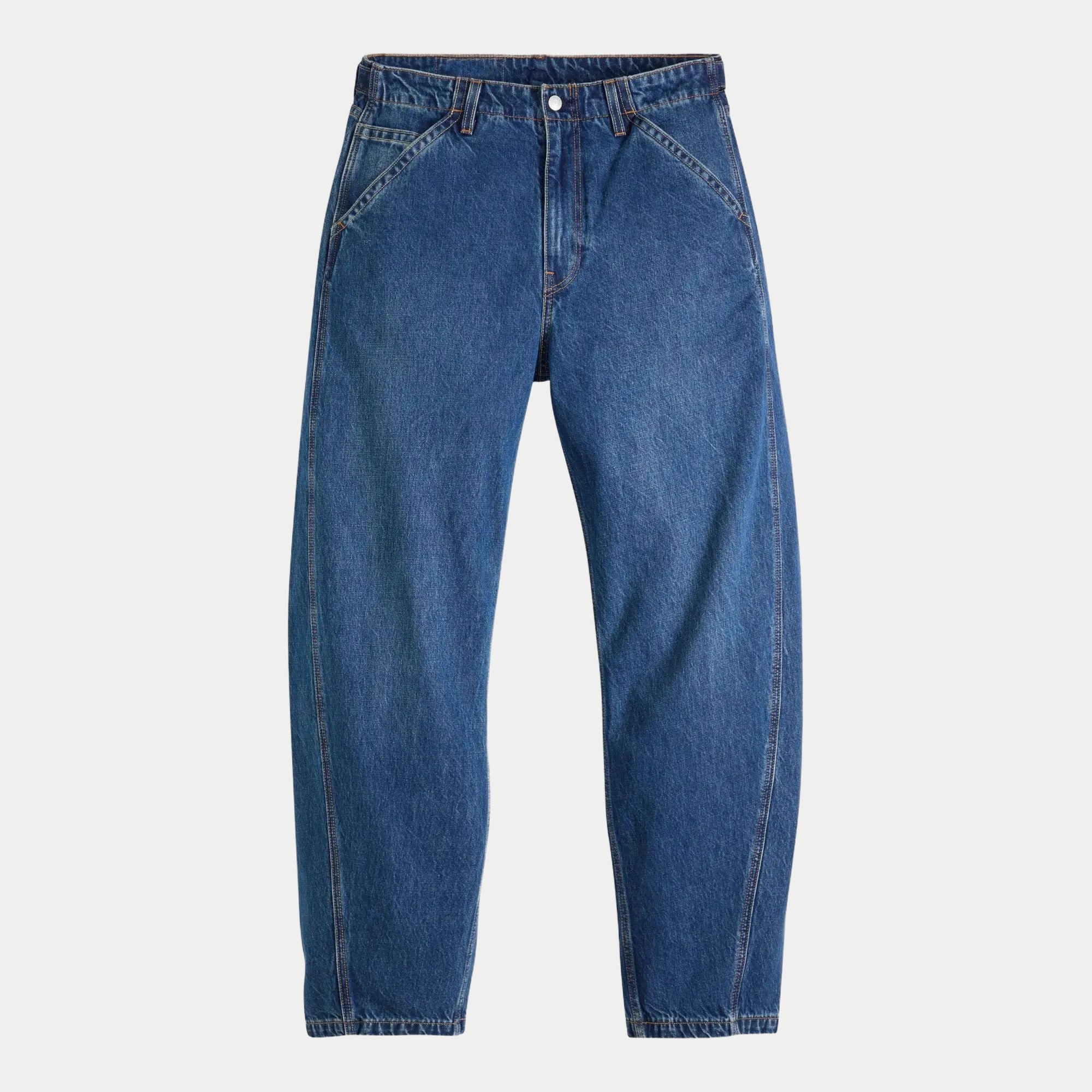 Jean Levi's Baggy Barrel Max Volume à plat, vue de face : coupe ample fuselée à la cheville, denim bleu indigo délavé