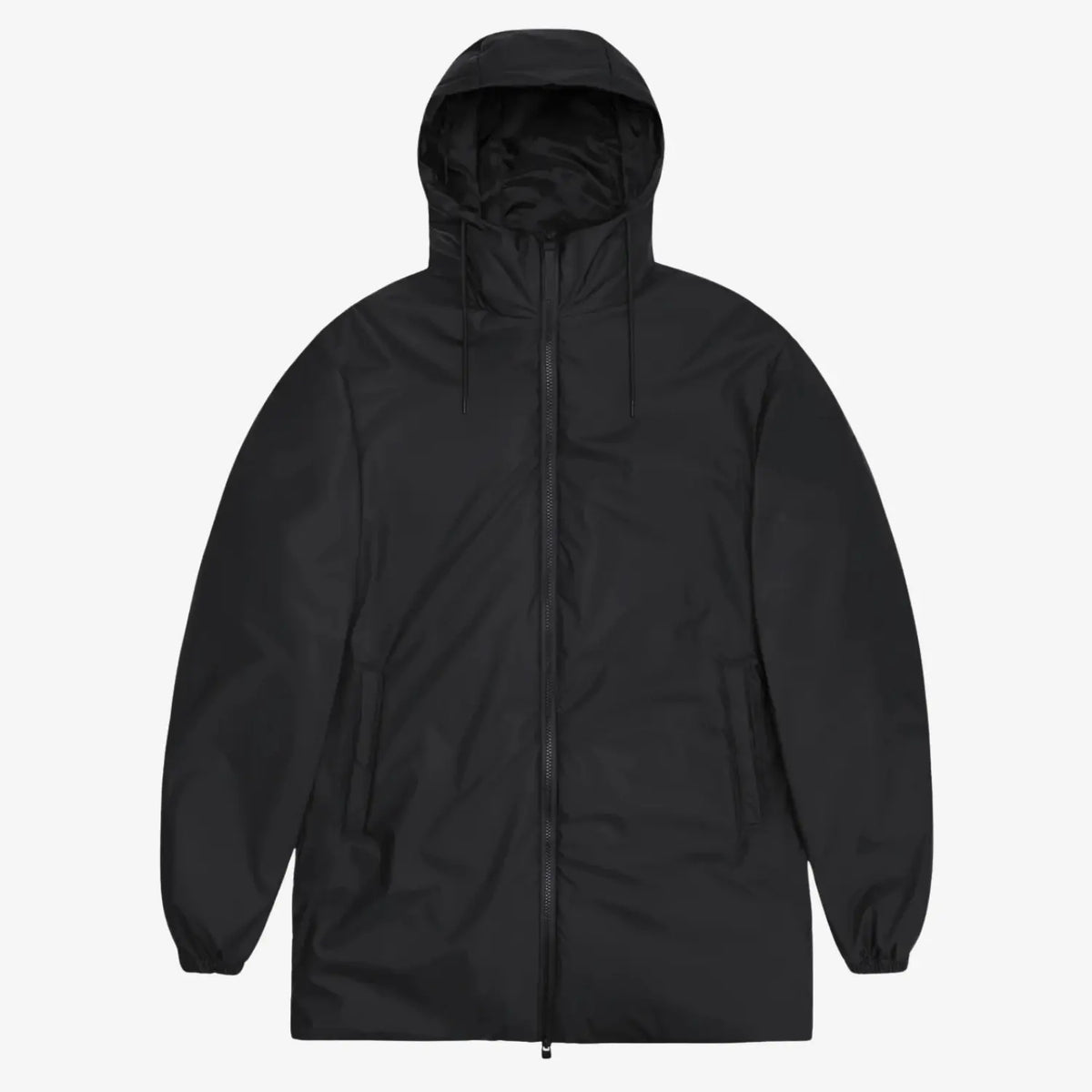Lohja Long Insulated Jacket noire à plat, longueur trois-quarts et double cordon de capuche
