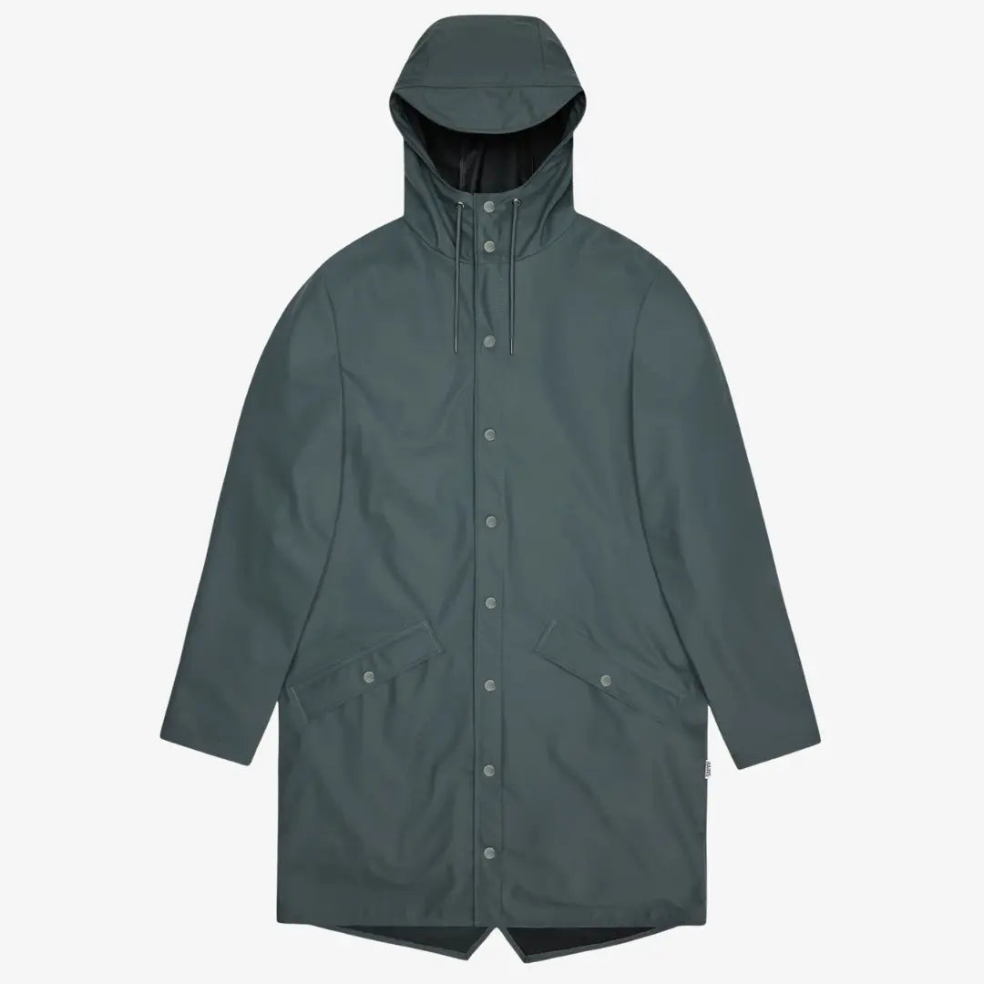Long Jacket Dark Grey à plat, teinte gris-vert ardoise, capuche relevée et pressions claires