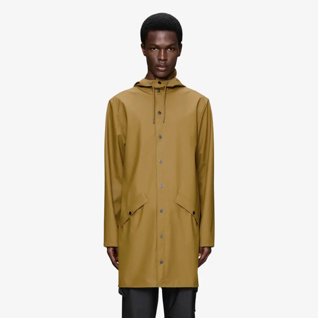 Long Jacket Dawn portée fermée, tombé droit jusqu'à mi-cuisse et pressions mates
