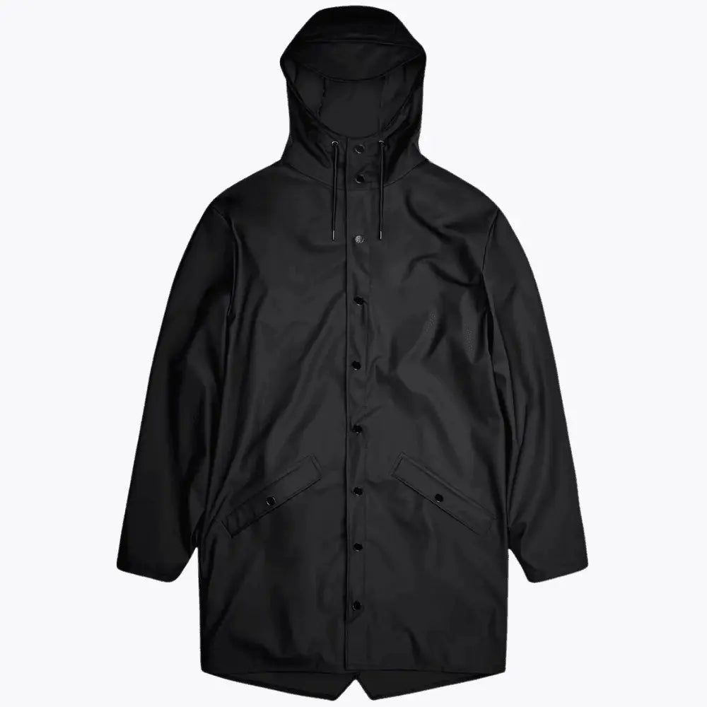 Long Jacket noire à plat, capuche relevée, patte pressionnée et poches à rabat biaisées