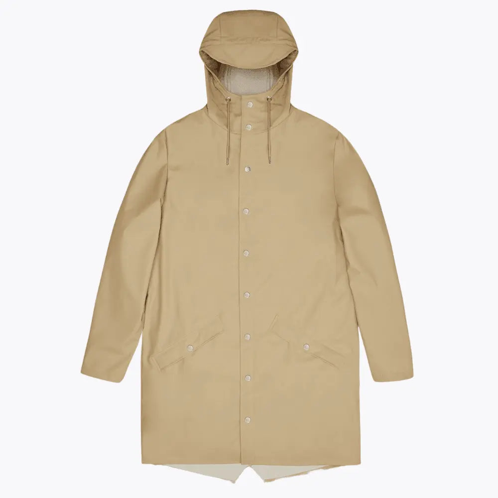 Long Jacket Sand beige sable à plat, capuche relevée sur doublure claire et pressions argentées
