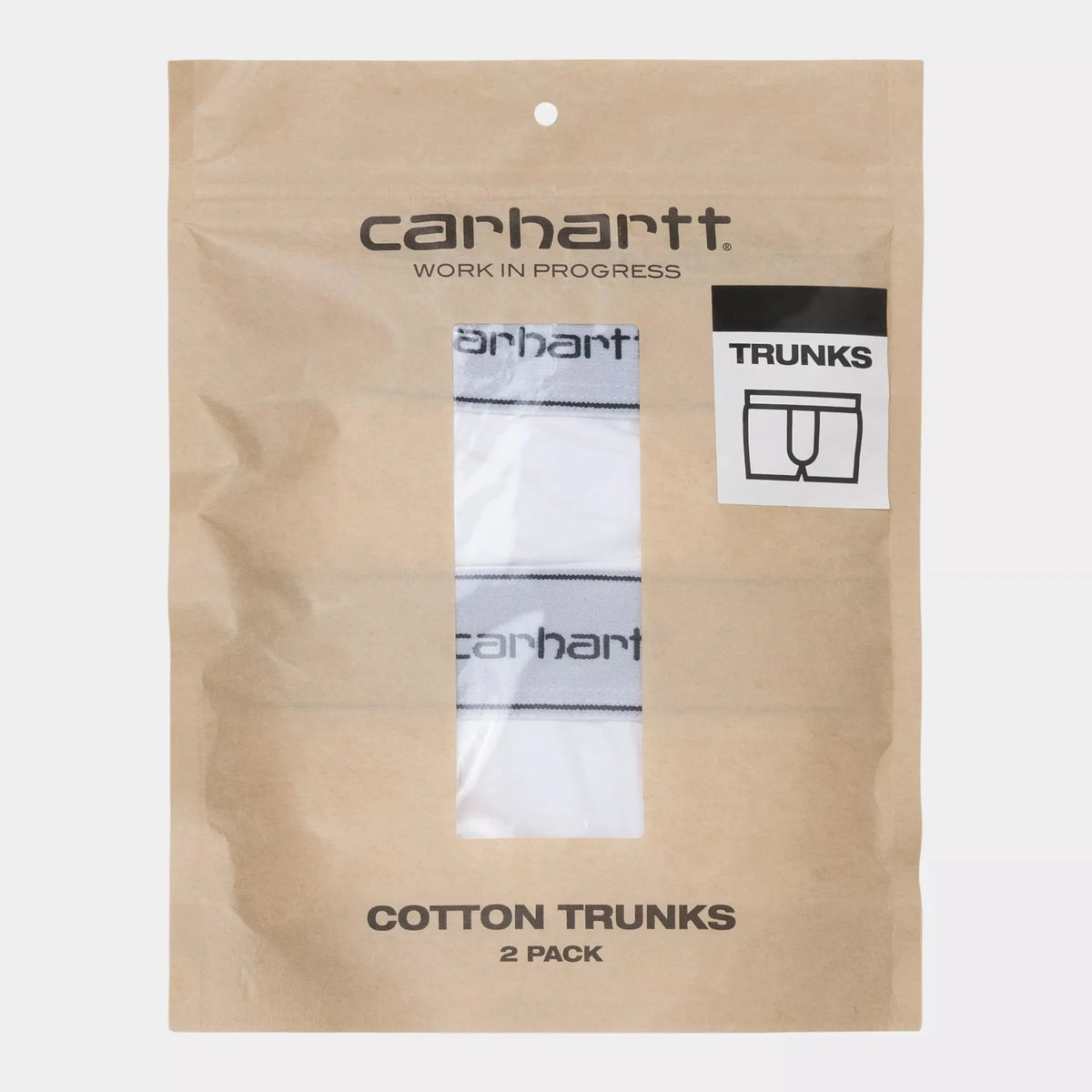 Pochette kraft du lot de 2 boxers blancs, fenêtre transparente sur les ceintures et mention Cotton Trunks 2 Pack