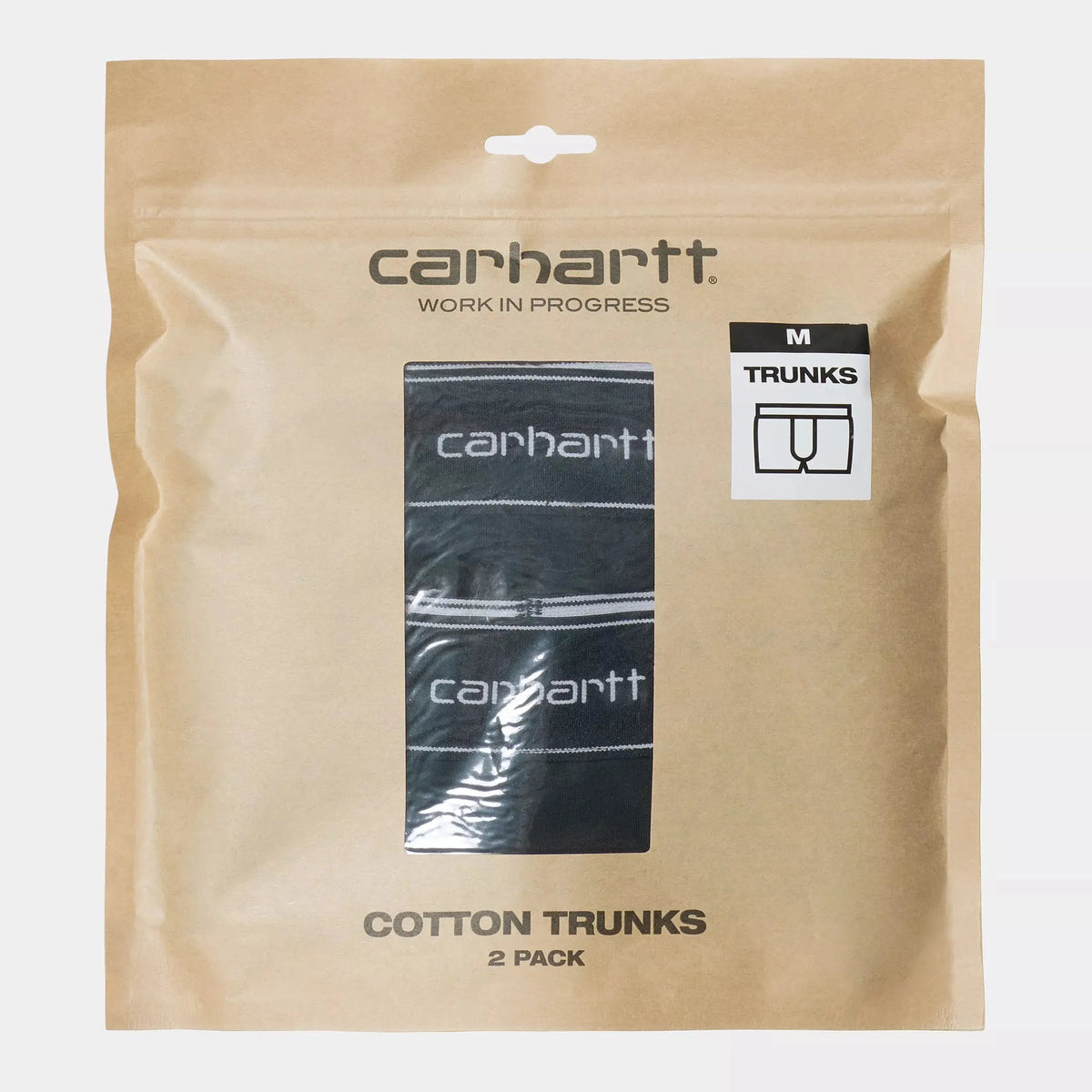 Pochette kraft du lot de 2 boxers noirs, fenêtre transparente sur les ceintures et mention Cotton Trunks 2 Pack