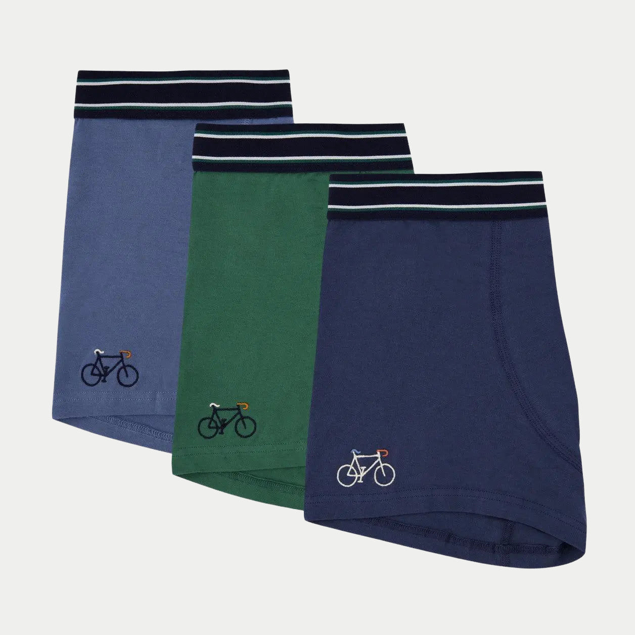 Lot de 3 boxers Faguo à broderie vélo à plat : bleu jean, vert sapin et bleu marine, ceinture élastiquée siglée