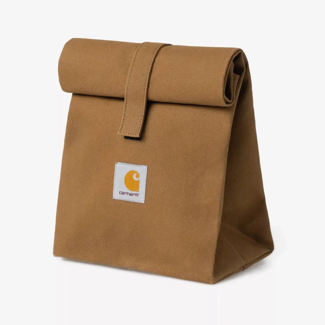 Lunch bag en toile canvas brun caramel, fermeture roll-top à patte et étiquette carrée cousue