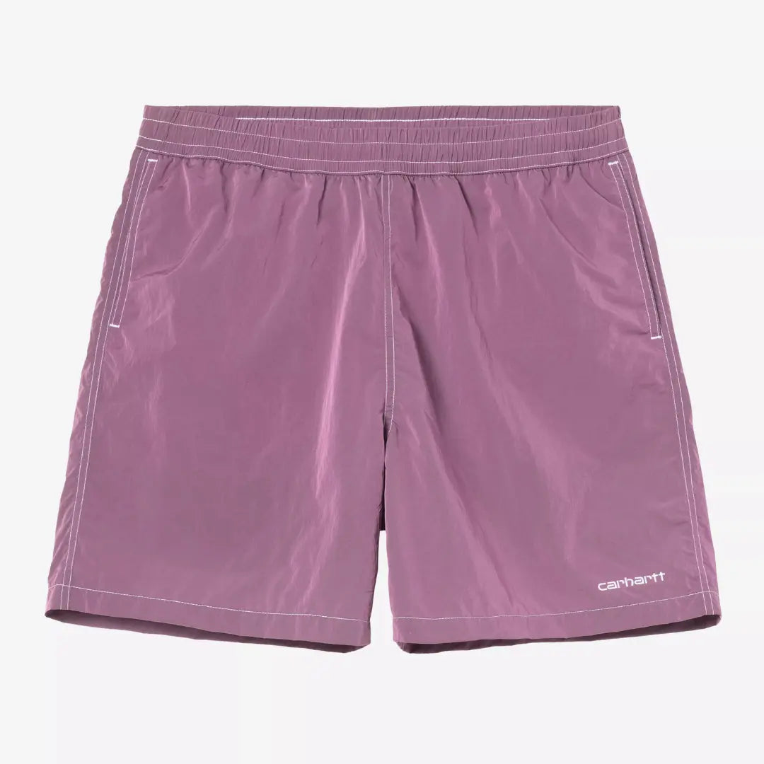Maillot de bain Canby Gentle Purple Carhartt WIP : nylon mauve fané, surpiqûres blanches, Script brodé blanc