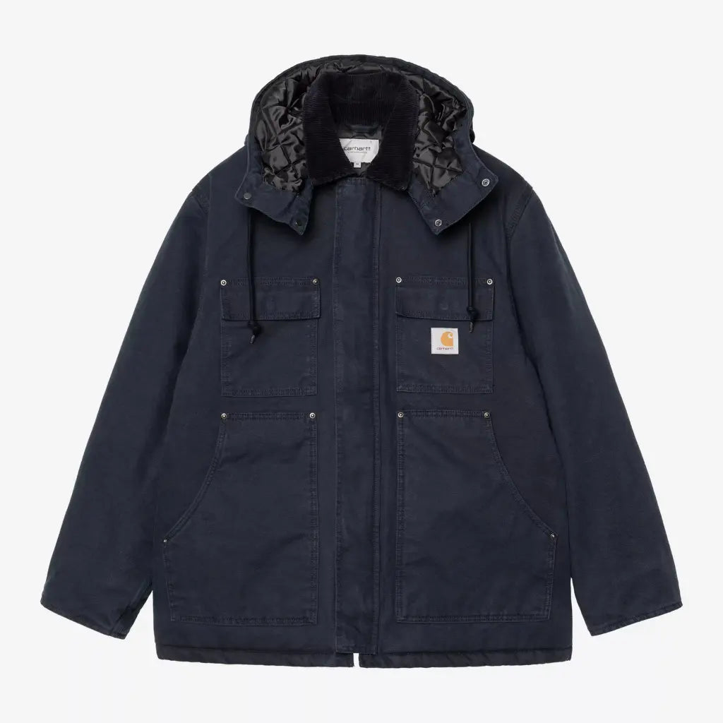 Manteau Ambel bleu marine foncé vu de face, capuche boutonnée, col en velours côtelé et quatre poches