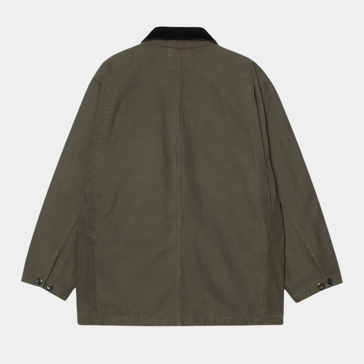 Dos du Manteau Prescott vert olive : toile unie, couture centrale, poignets à pressions, fentes latérales