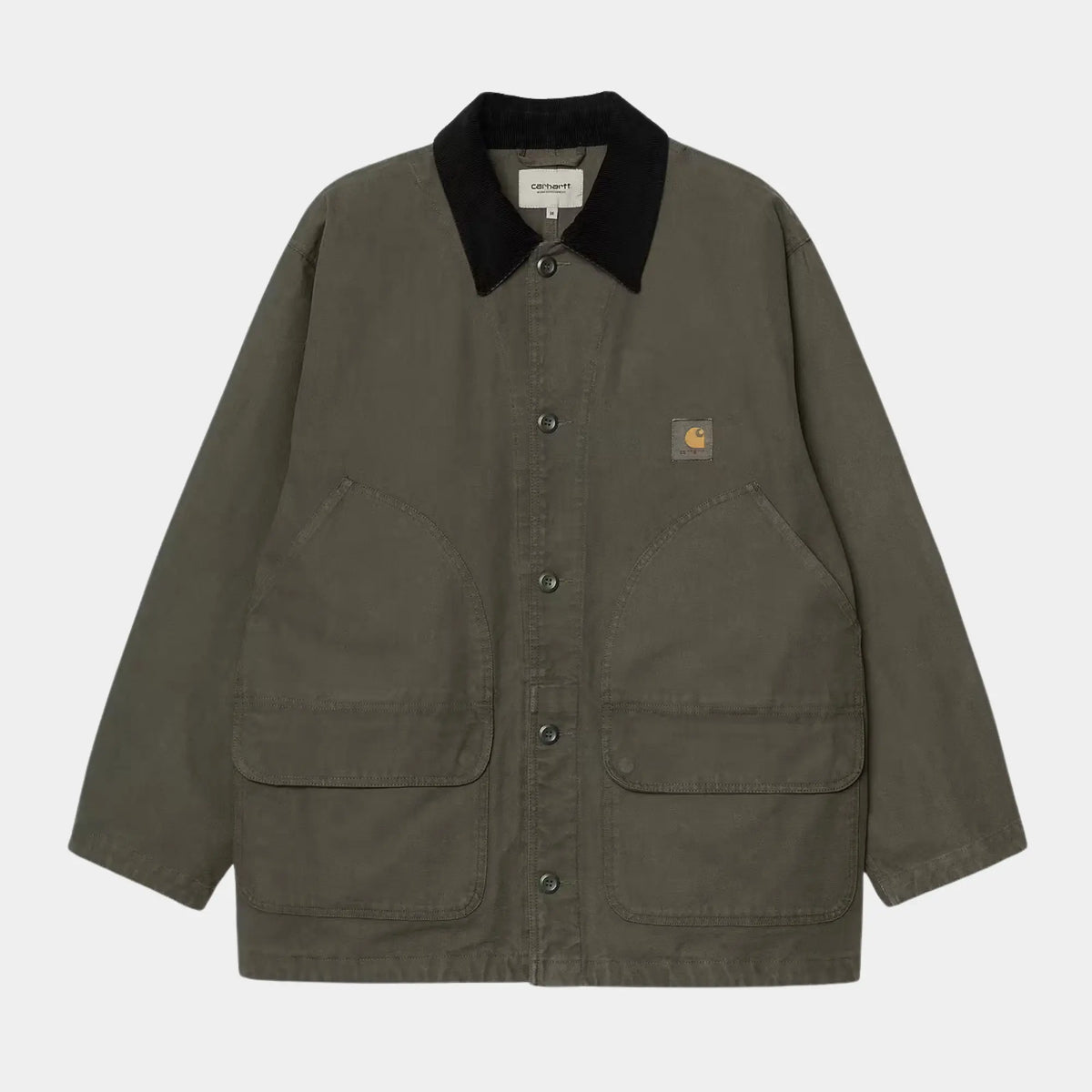 Manteau Prescott Oxide Green Carhartt WIP à plat : toile vert olive délavée, col en velours noir, poches à rabat