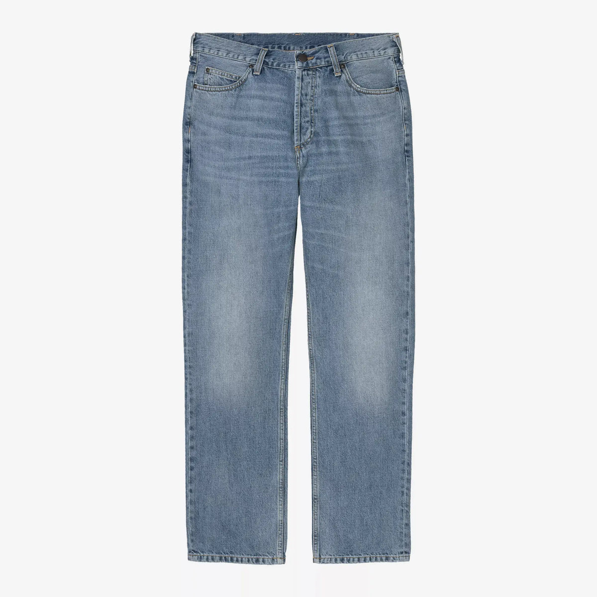 Marlow Pant Blue Worn Bleached à plat de face, denim clair éclairci et moustaches d'usure marquées sur les cuisses