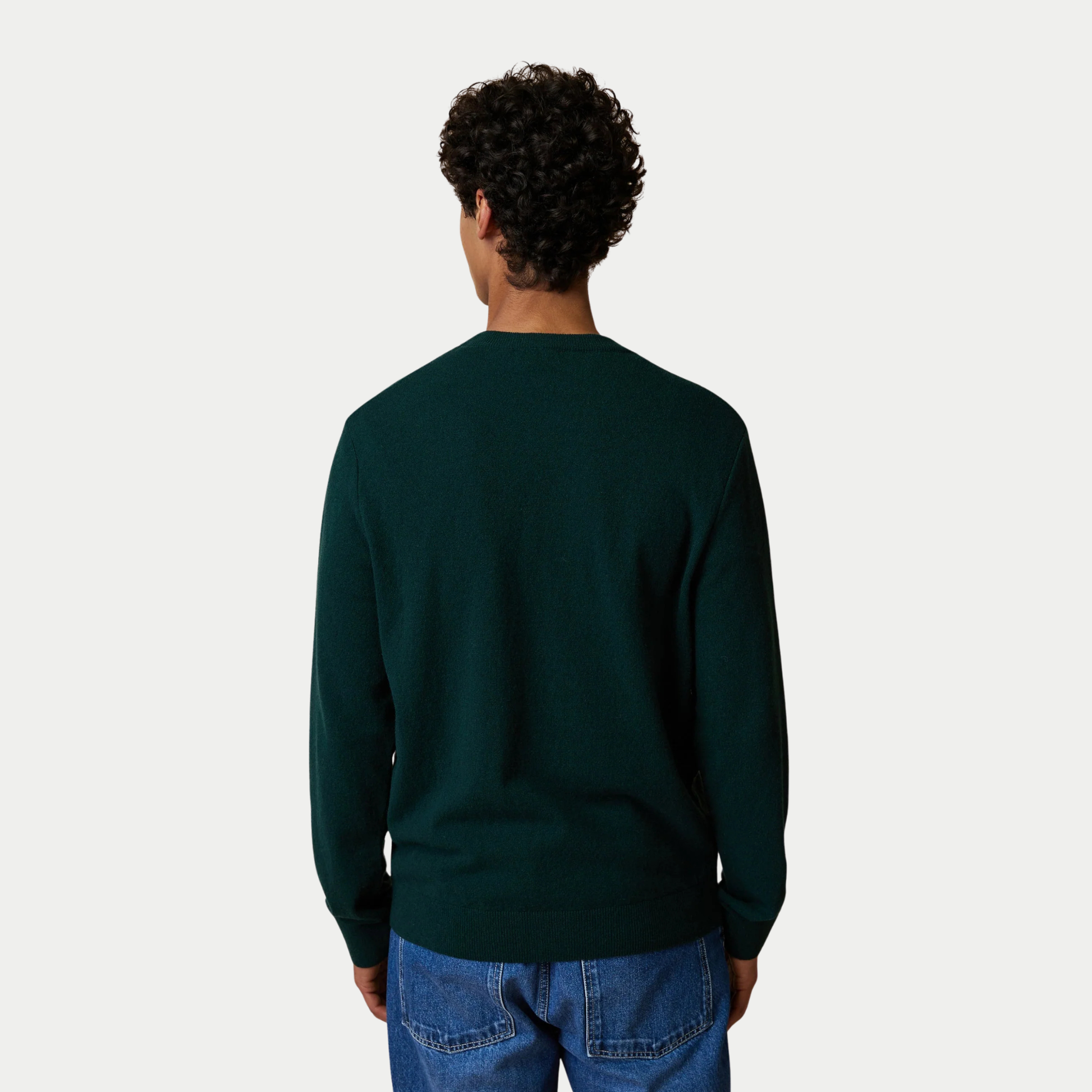 Dos du pull Marly Laine Vert Foncé Faguo porté, maille unie et bas en côte 1x1