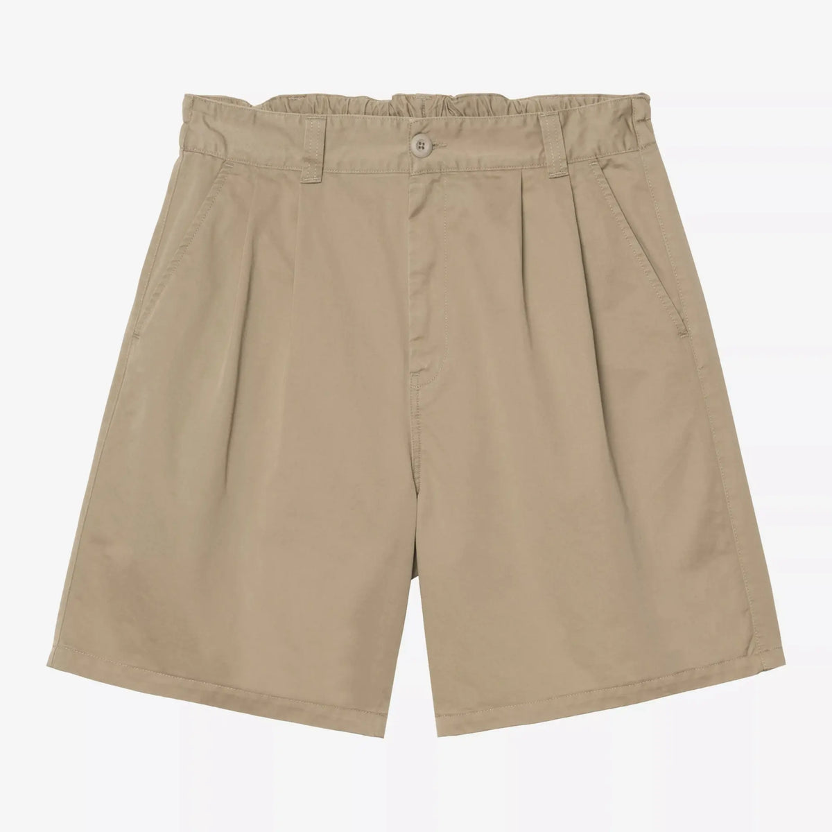 Marv Short beige sable à plat de face, taille élastiquée à passants, pinces devant et coupe très large