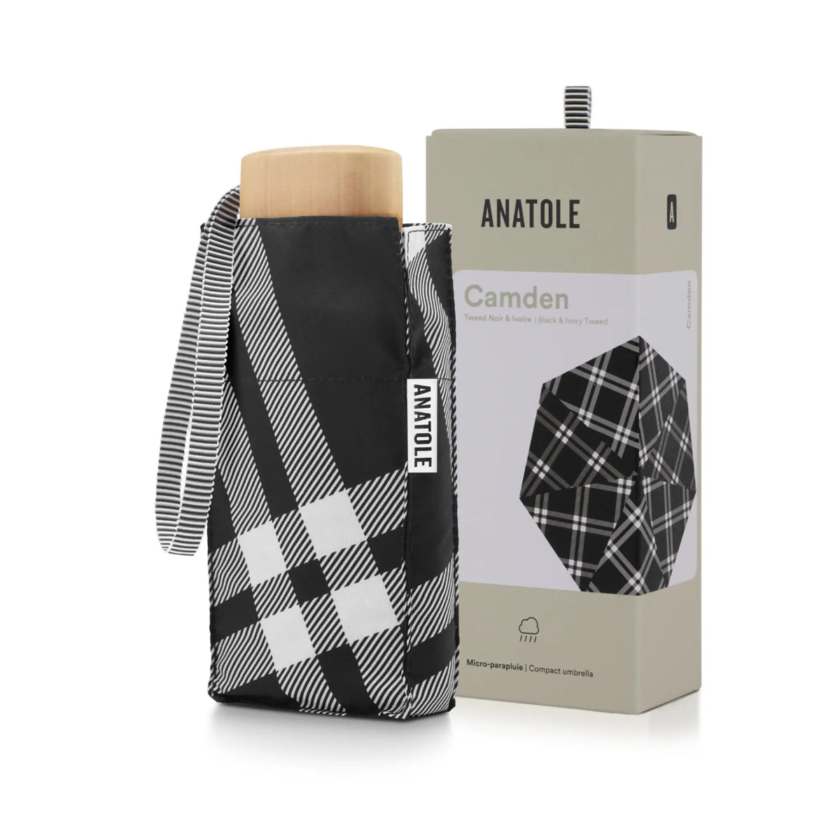 Mini parapluie Camden à carreaux tweed noir et ivoire, housse assortie, coffret Anatole et poignée en bois