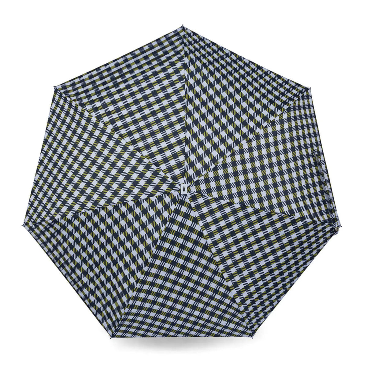Toile ouverte du parapluie Wilton vue de dessus, petit vichy noir et blanc rayé de jaune anis