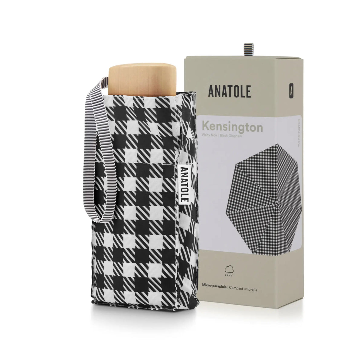 Mini parapluie Kensington dans sa housse à grands carreaux vichy noir et blanc, coffret Anatole et poignée bois