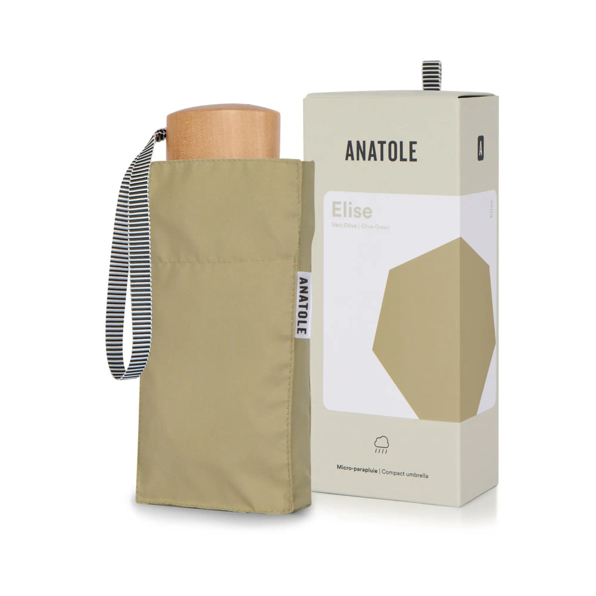 Mini parapluie Elise vert olive clair dans sa housse assortie, coffret Anatole et poignée en bois apparente