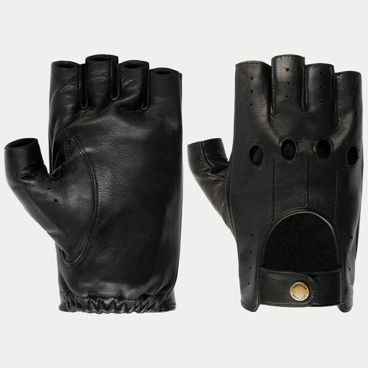 Paire de mitaines de conduite en cuir noir, quatre œillets ronds et poignet élastiqué