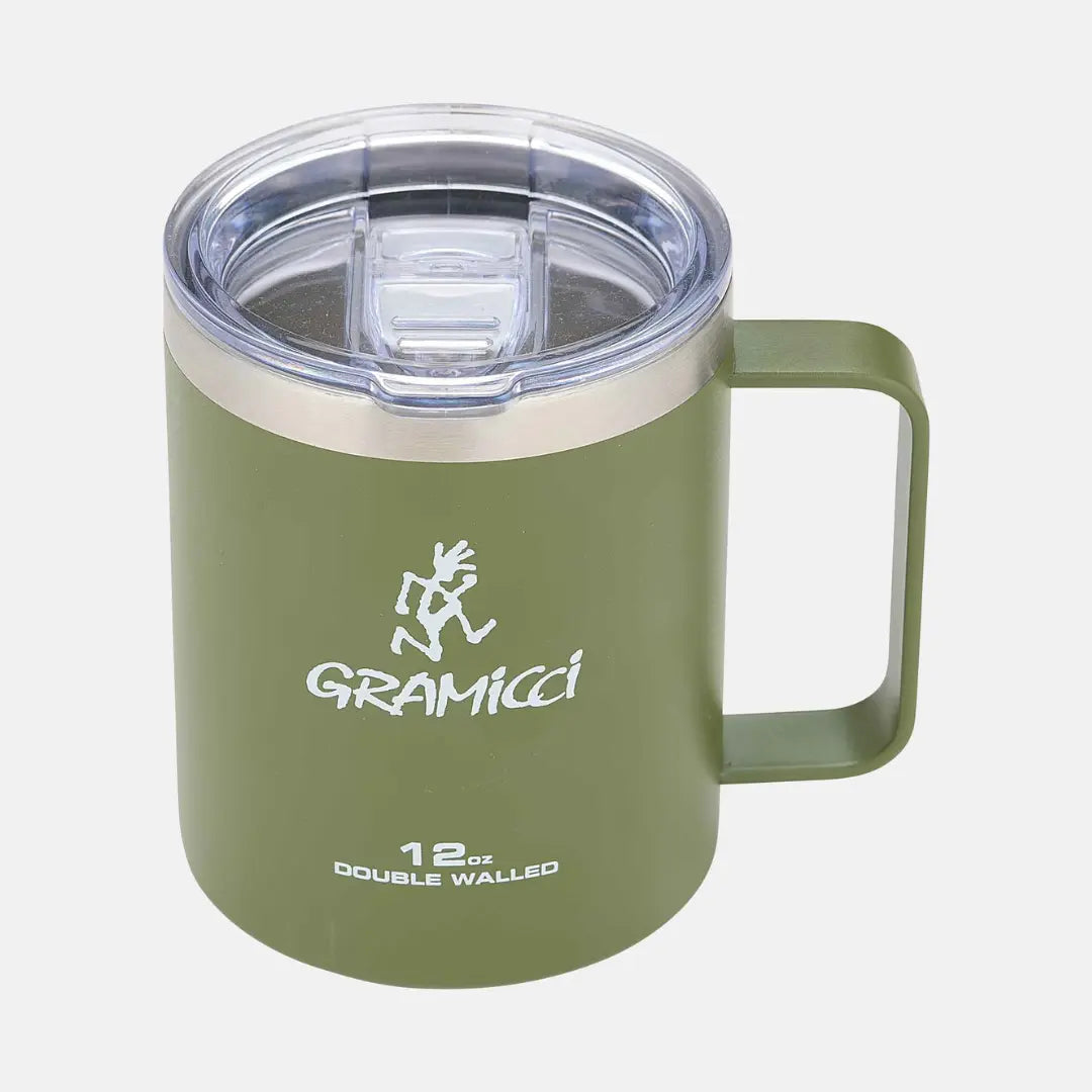 Mug isotherme Gramicci vert olive à double paroi, couvercle transparent à glissière et anse carrée
