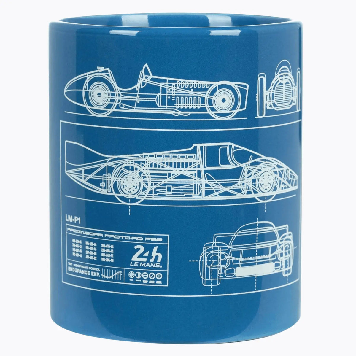 Mug bleu 24h Le Mans imprimé de trois silhouettes de voitures de course en plan technique blanc