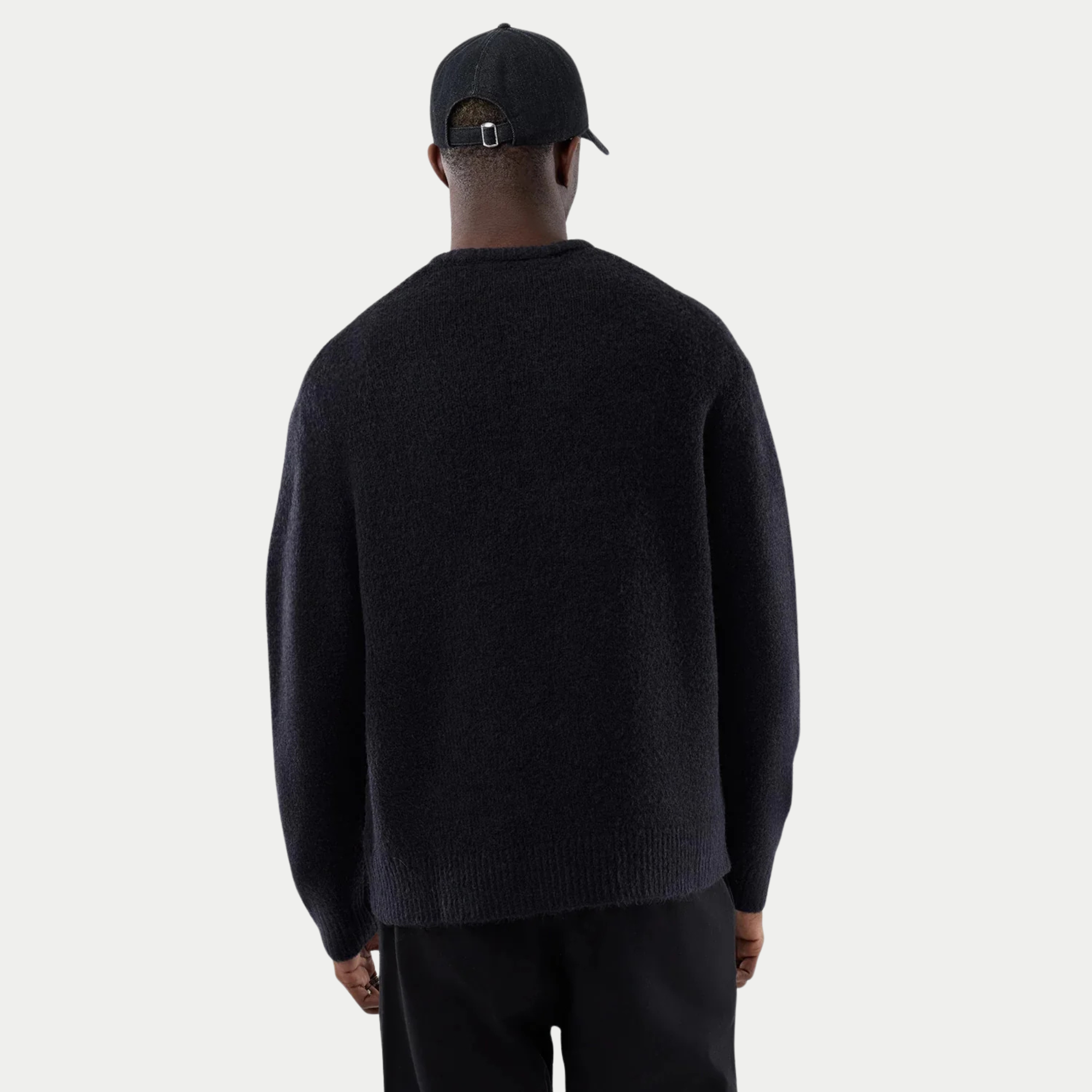 Pull Tricoté Bleu Marine New Era - vue de dos, maille brossée unie et bas côtelé