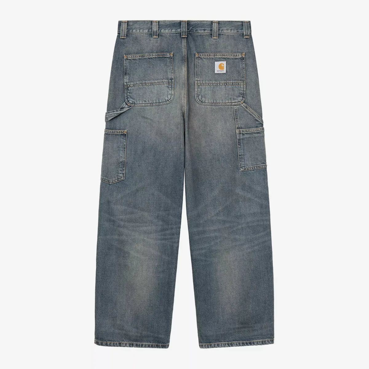 Jean Oakland Carhartt WIP Blue Worn Used Wash, vue de dos à plat : poches plaquées et étiquette Square Label Carhartt