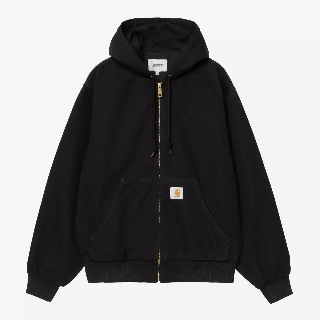 OG Active Jacket en toile noire rinsed à plat, capuche à cordon, zip laiton et grandes poches basses plaquées