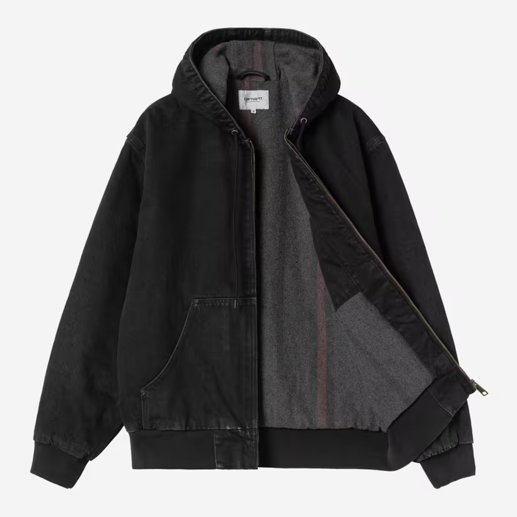 Veste OG Active Carhartt WIP ouverte : doublure couverture rayée grise et bordeaux, zip laiton